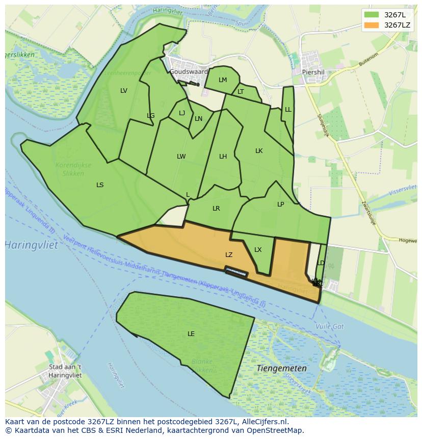 Afbeelding van het postcodegebied 3267 LZ op de kaart.
