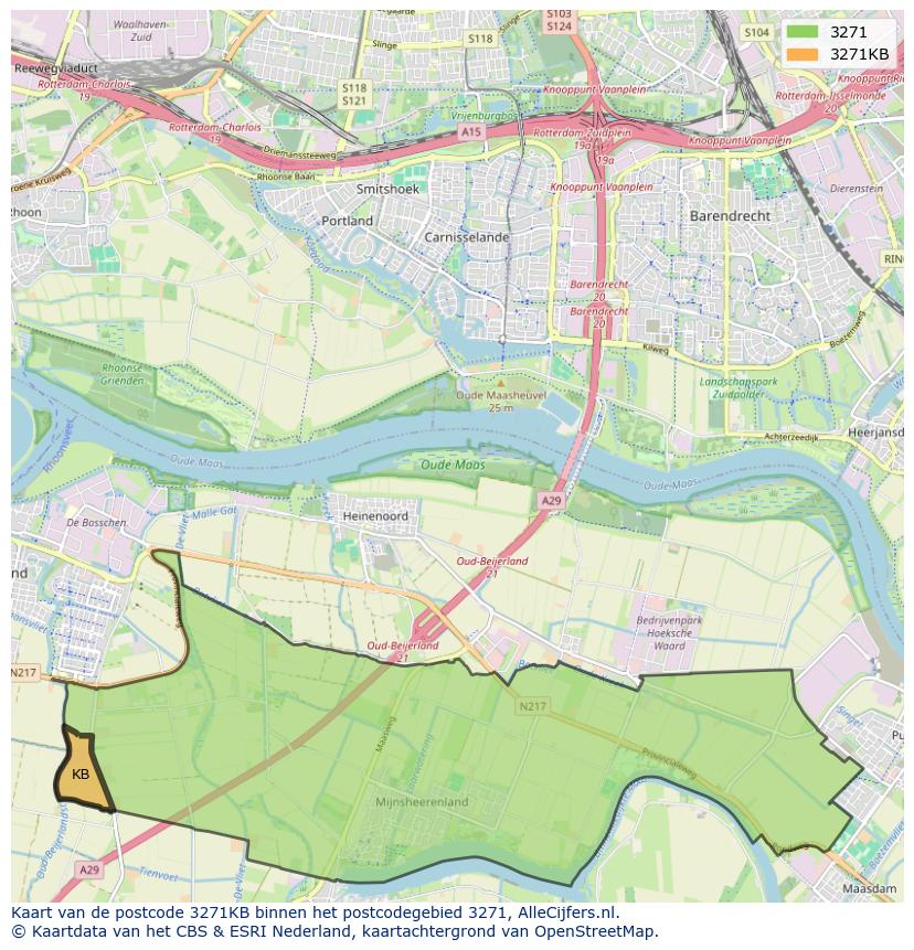 Afbeelding van het postcodegebied 3271 KB op de kaart.
