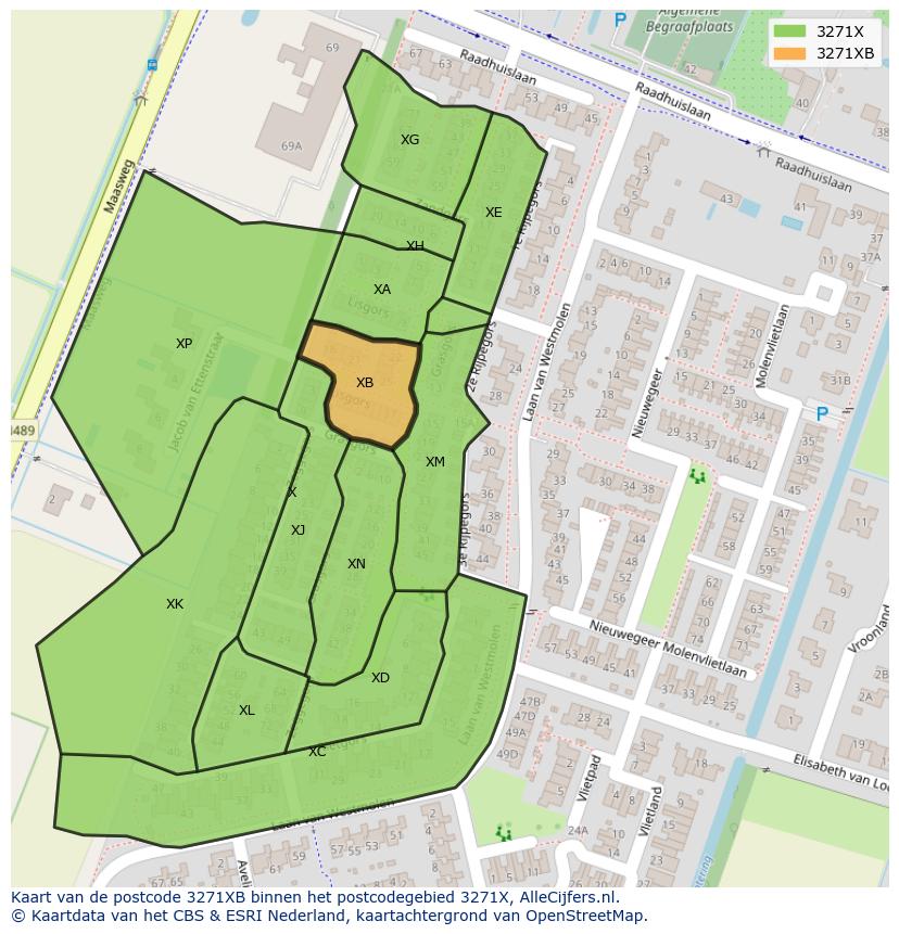 Afbeelding van het postcodegebied 3271 XB op de kaart.
