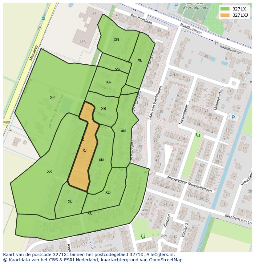 Afbeelding van het postcodegebied 3271 XJ op de kaart.