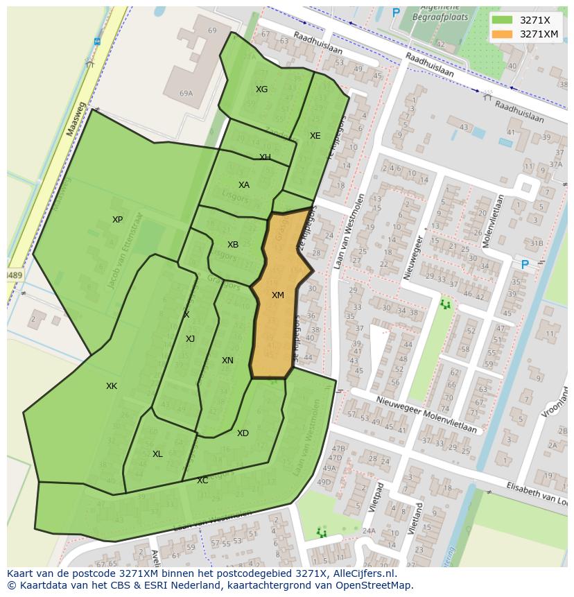 Afbeelding van het postcodegebied 3271 XM op de kaart.