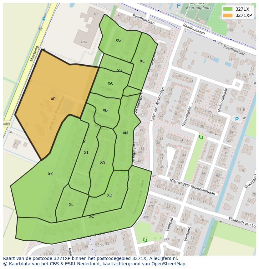 Afbeelding van het postcodegebied 3271 XP op de kaart.