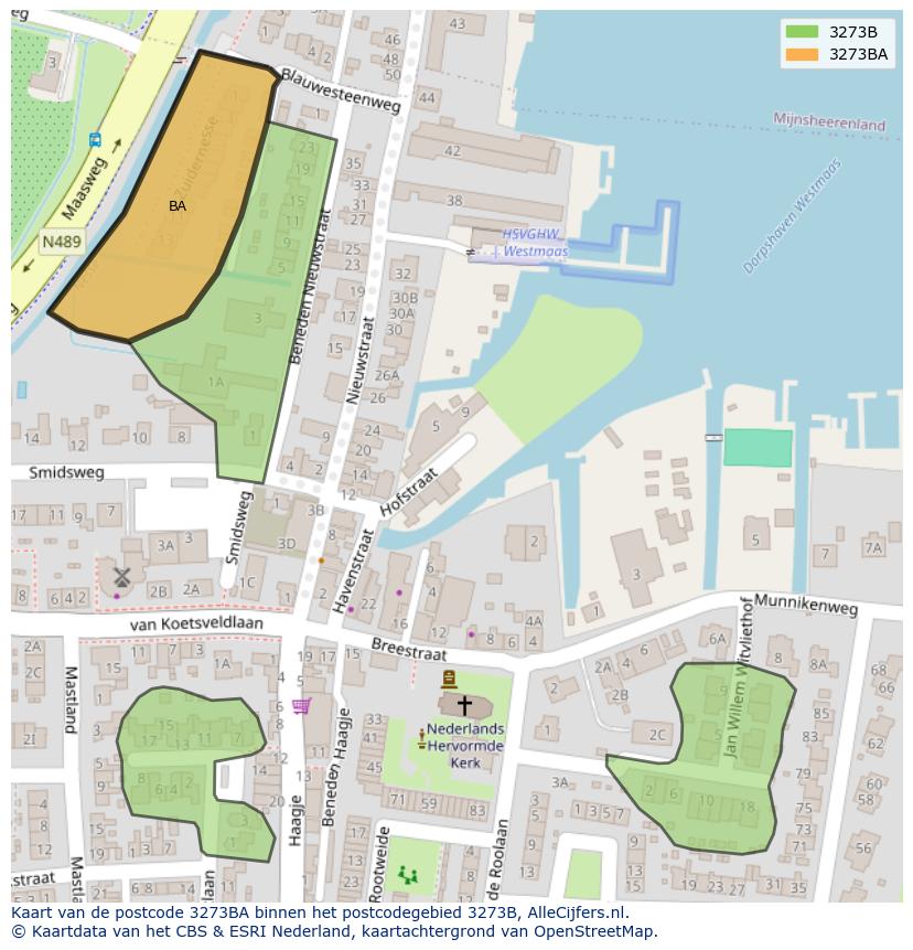 Afbeelding van het postcodegebied 3273 BA op de kaart.