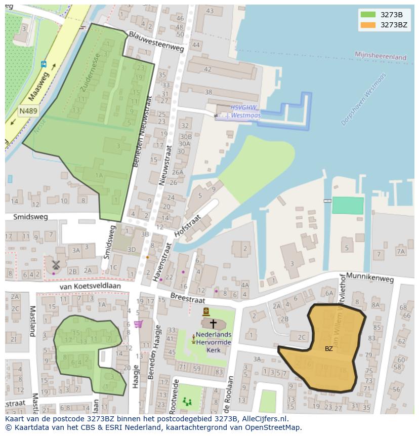 Afbeelding van het postcodegebied 3273 BZ op de kaart.