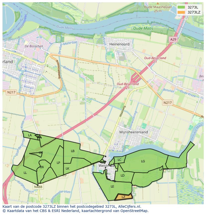 Afbeelding van het postcodegebied 3273 LZ op de kaart.
