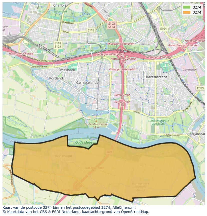 Afbeelding van het postcodegebied 3274 op de kaart.