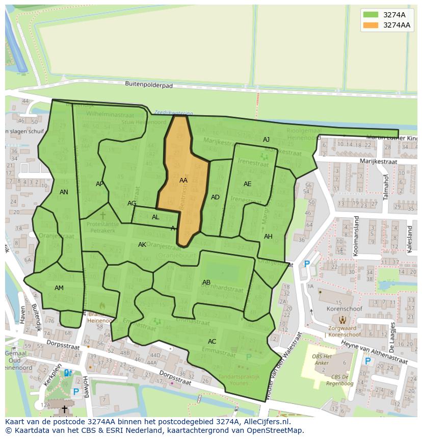 Afbeelding van het postcodegebied 3274 AA op de kaart.