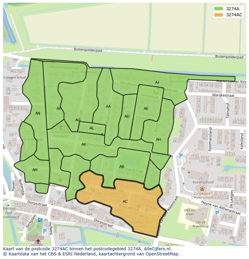 Afbeelding van het postcodegebied 3274 AC op de kaart.