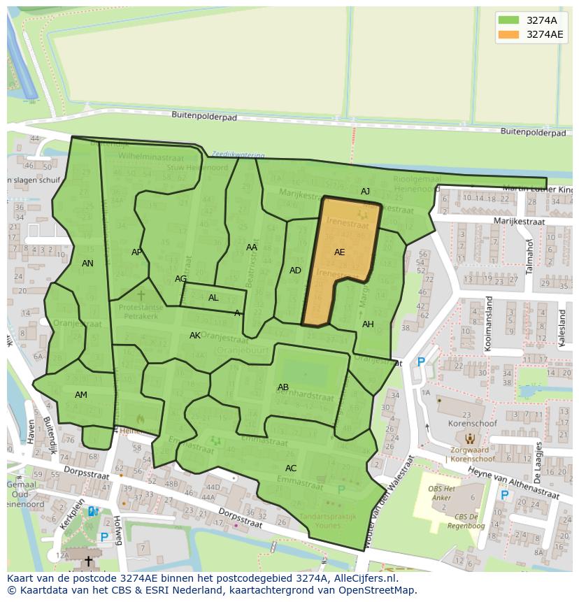 Afbeelding van het postcodegebied 3274 AE op de kaart.