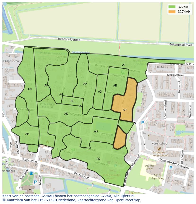 Afbeelding van het postcodegebied 3274 AH op de kaart.