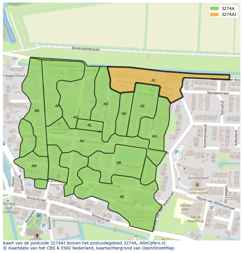 Afbeelding van het postcodegebied 3274 AJ op de kaart.