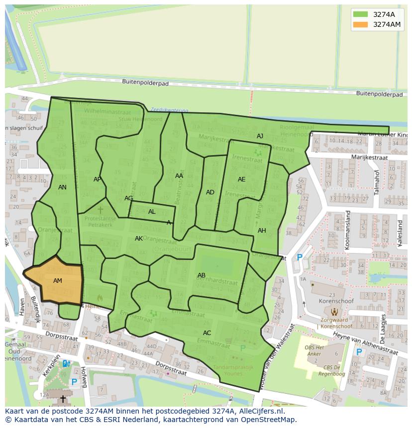 Afbeelding van het postcodegebied 3274 AM op de kaart.