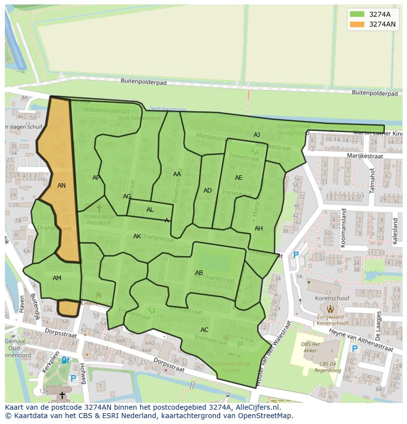 Afbeelding van het postcodegebied 3274 AN op de kaart.