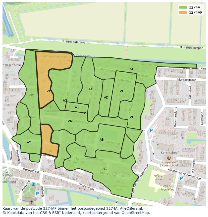 Afbeelding van het postcodegebied 3274 AP op de kaart.