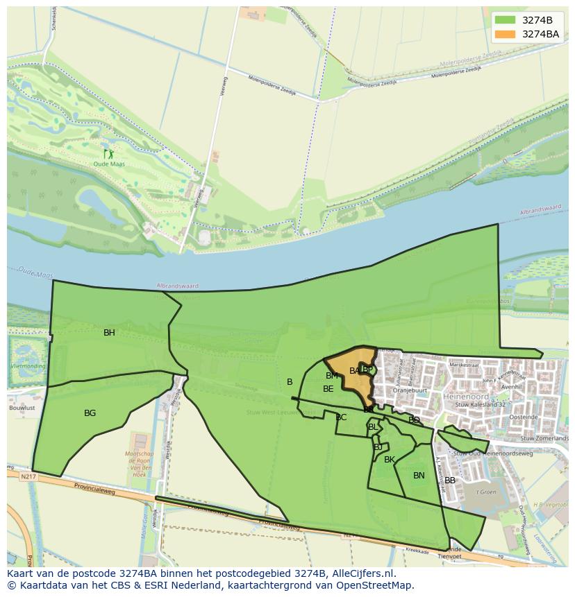 Afbeelding van het postcodegebied 3274 BA op de kaart.