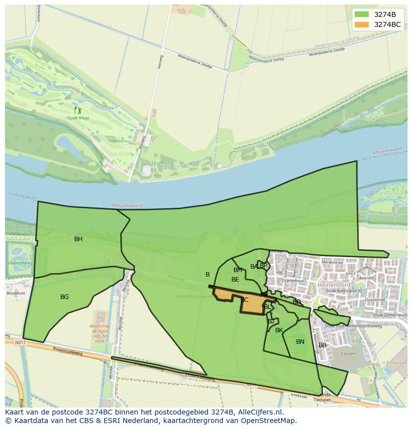 Afbeelding van het postcodegebied 3274 BC op de kaart.