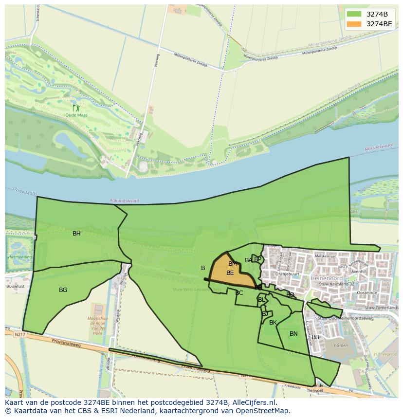 Afbeelding van het postcodegebied 3274 BE op de kaart.