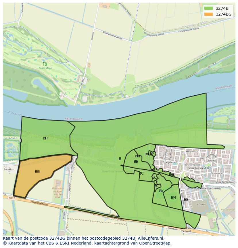 Afbeelding van het postcodegebied 3274 BG op de kaart.