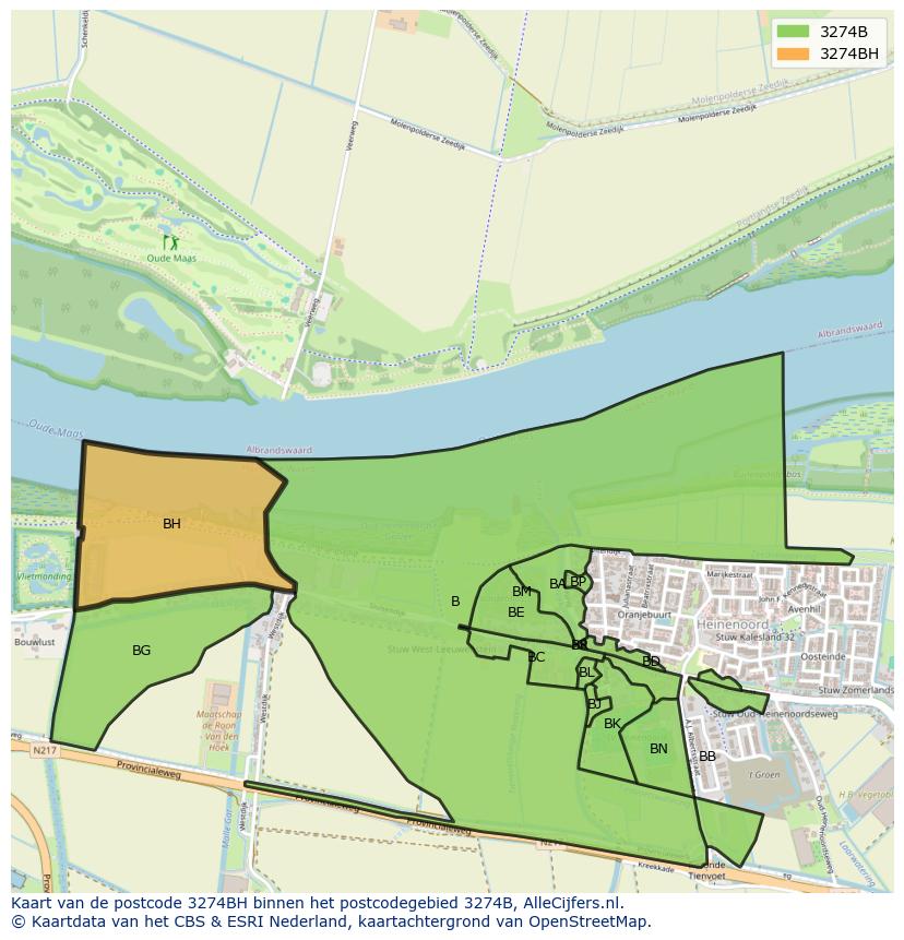 Afbeelding van het postcodegebied 3274 BH op de kaart.