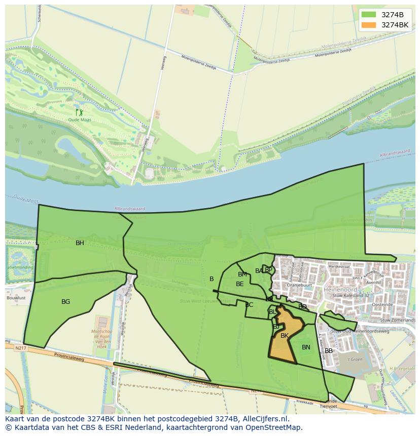 Afbeelding van het postcodegebied 3274 BK op de kaart.