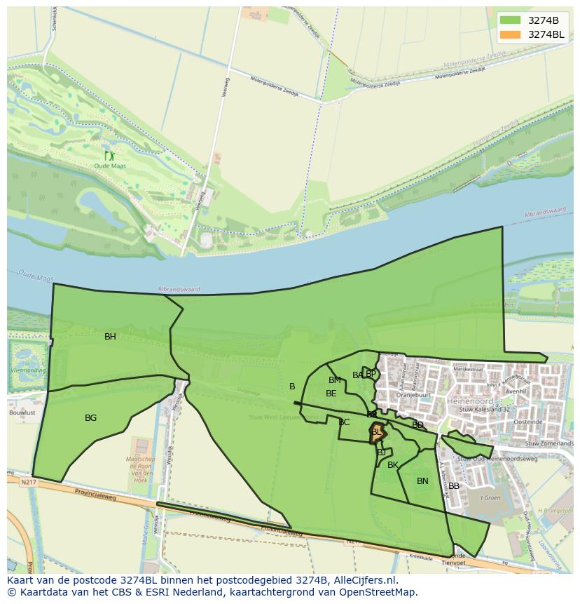 Afbeelding van het postcodegebied 3274 BL op de kaart.