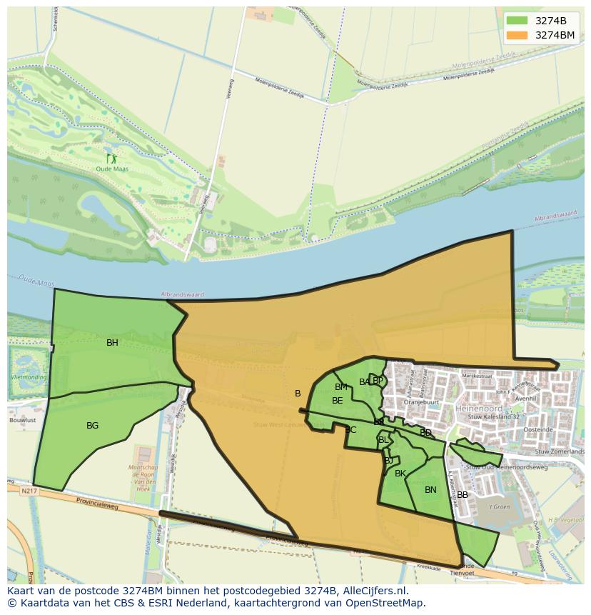 Afbeelding van het postcodegebied 3274 BM op de kaart.