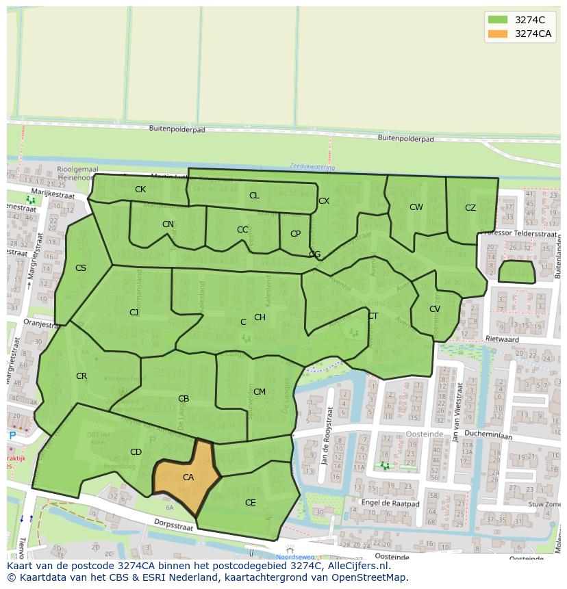 Afbeelding van het postcodegebied 3274 CA op de kaart.