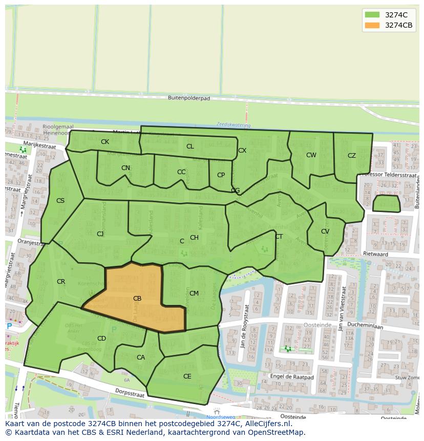 Afbeelding van het postcodegebied 3274 CB op de kaart.