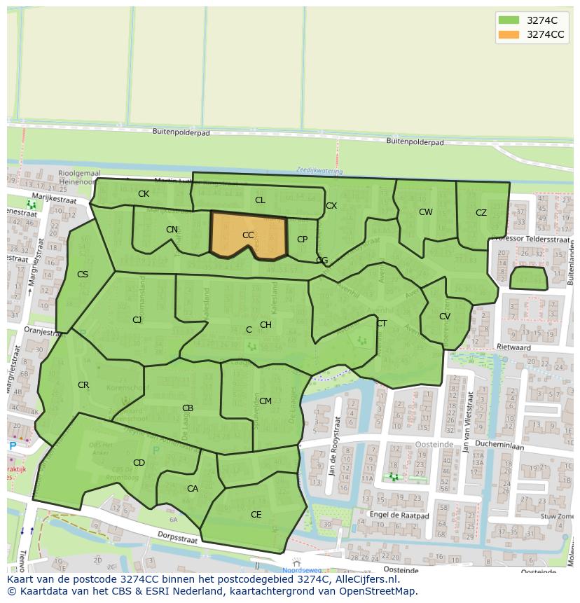 Afbeelding van het postcodegebied 3274 CC op de kaart.