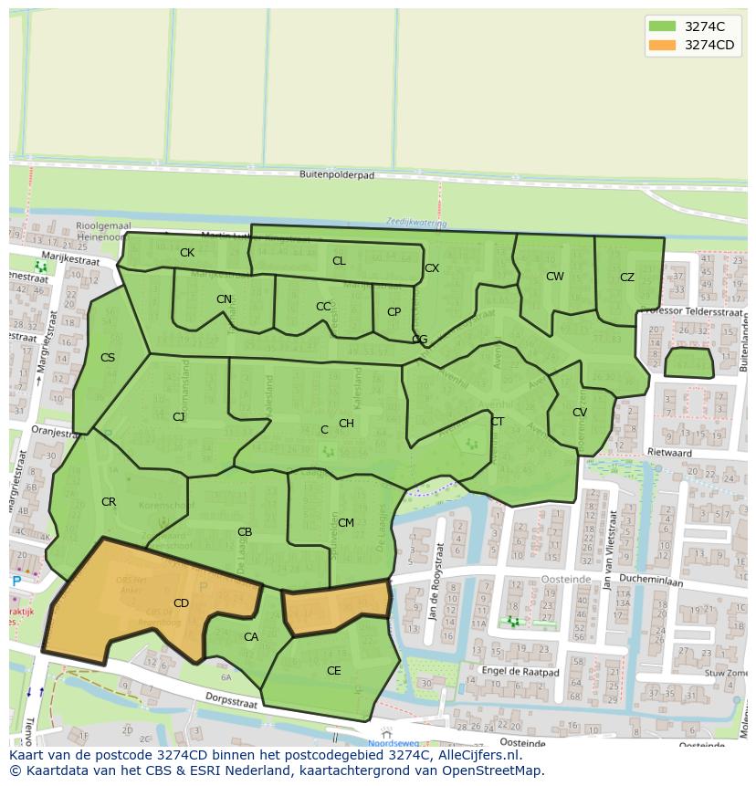 Afbeelding van het postcodegebied 3274 CD op de kaart.