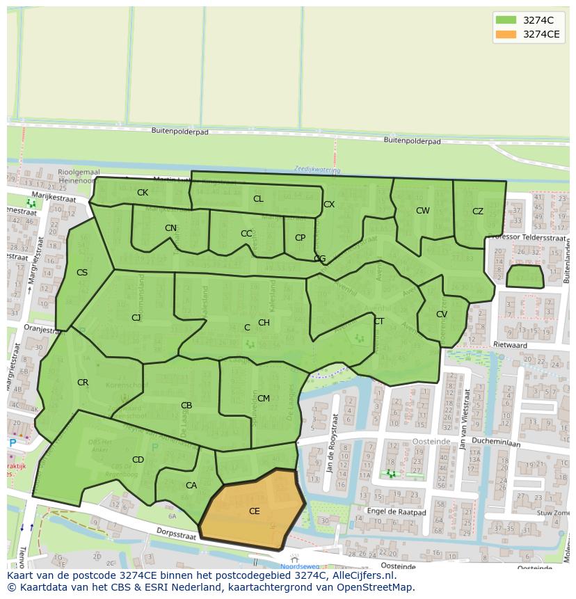 Afbeelding van het postcodegebied 3274 CE op de kaart.