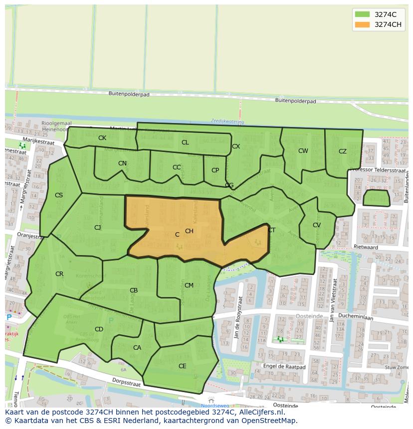 Afbeelding van het postcodegebied 3274 CH op de kaart.