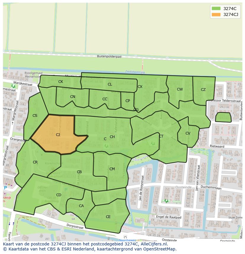 Afbeelding van het postcodegebied 3274 CJ op de kaart.
