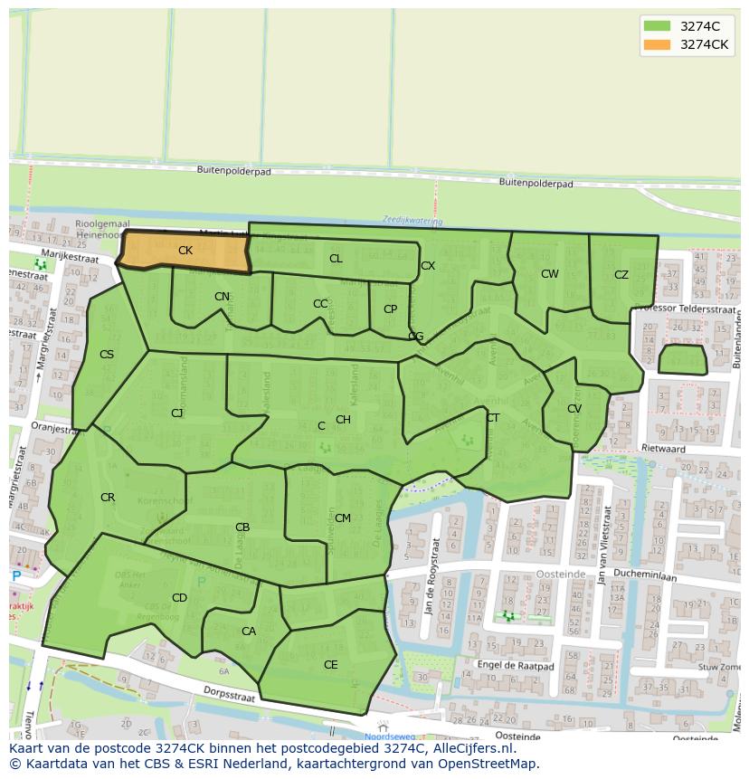Afbeelding van het postcodegebied 3274 CK op de kaart.