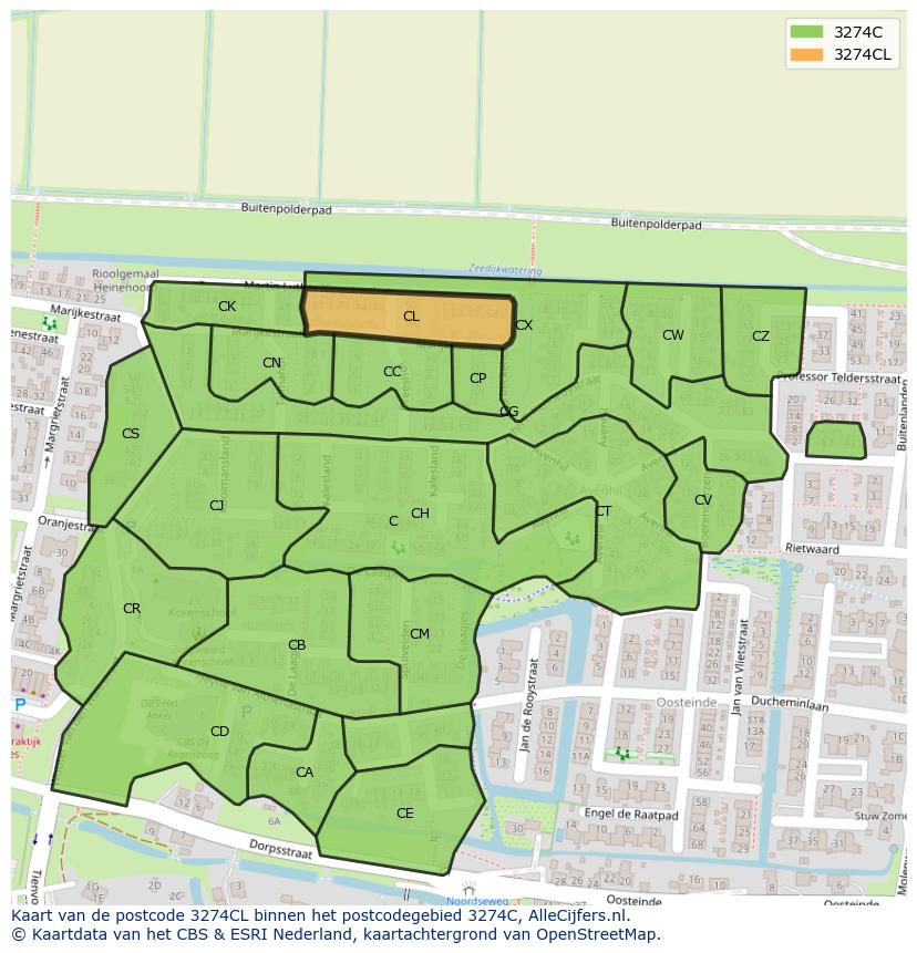 Afbeelding van het postcodegebied 3274 CL op de kaart.