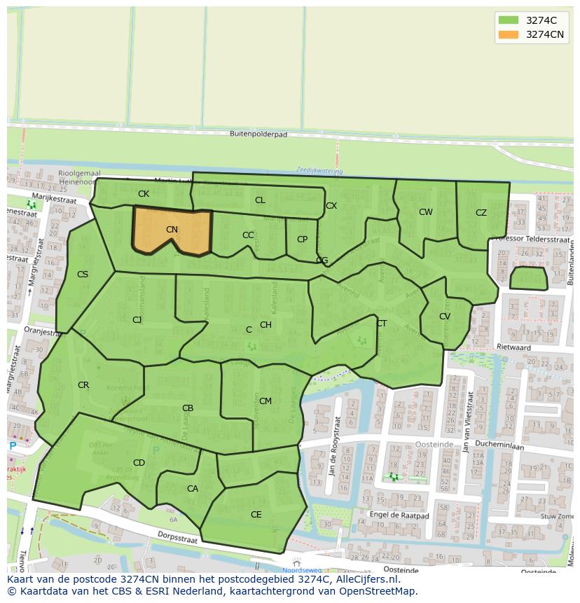 Afbeelding van het postcodegebied 3274 CN op de kaart.