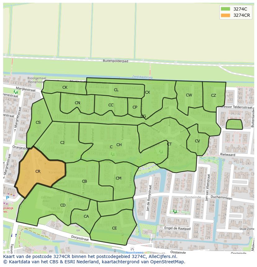 Afbeelding van het postcodegebied 3274 CR op de kaart.