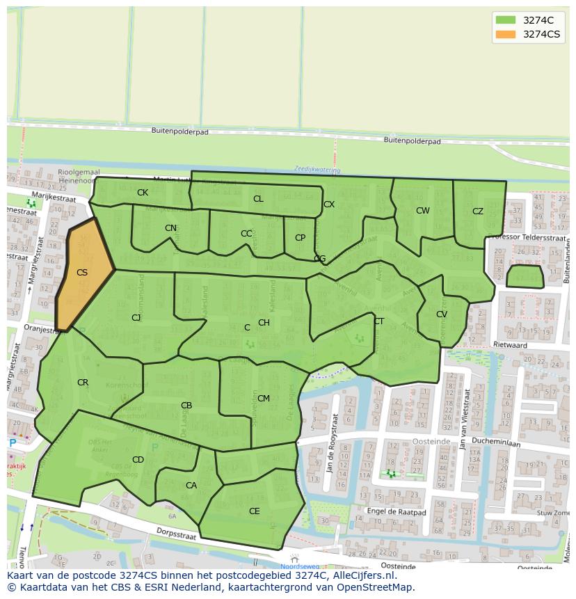 Afbeelding van het postcodegebied 3274 CS op de kaart.