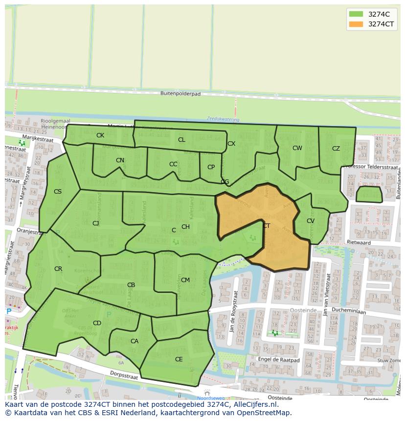 Afbeelding van het postcodegebied 3274 CT op de kaart.