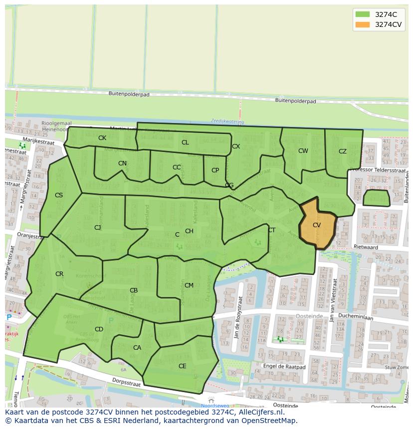 Afbeelding van het postcodegebied 3274 CV op de kaart.