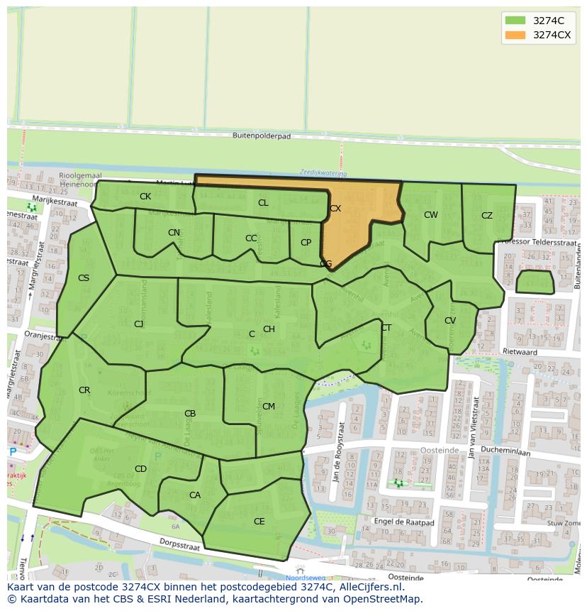 Afbeelding van het postcodegebied 3274 CX op de kaart.