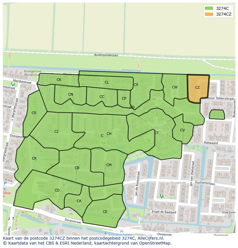 Afbeelding van het postcodegebied 3274 CZ op de kaart.