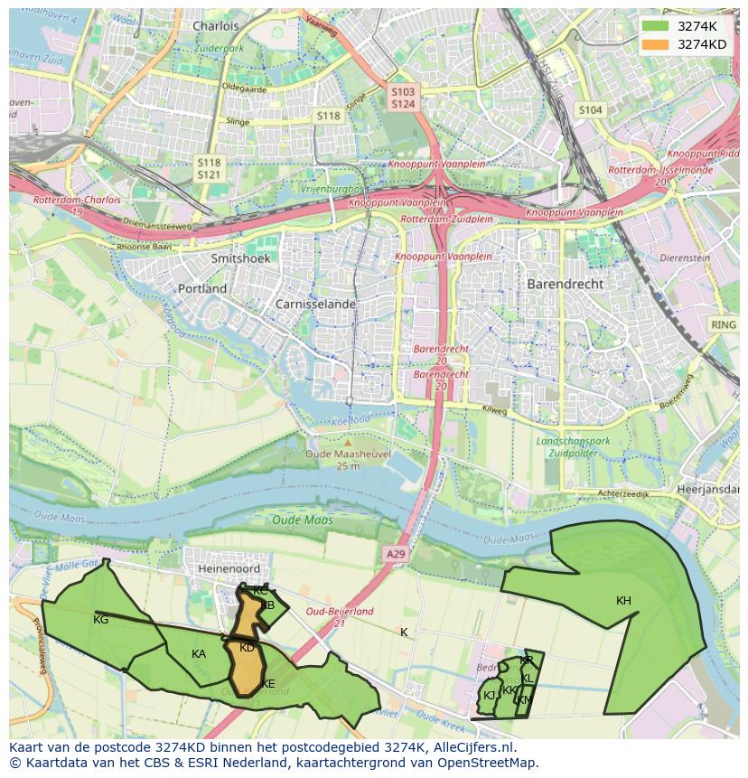 Afbeelding van het postcodegebied 3274 KD op de kaart.