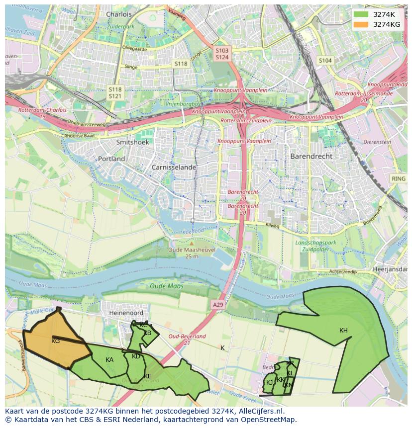 Afbeelding van het postcodegebied 3274 KG op de kaart.