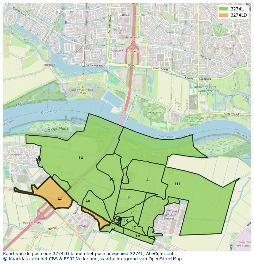 Afbeelding van het postcodegebied 3274 LD op de kaart.