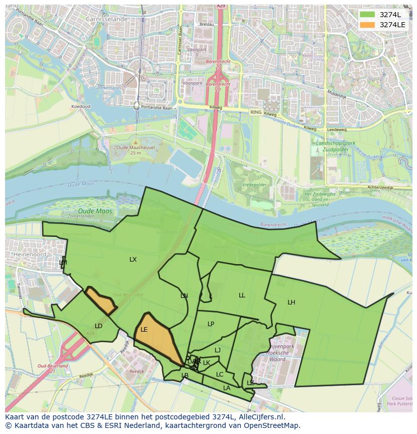 Afbeelding van het postcodegebied 3274 LE op de kaart.