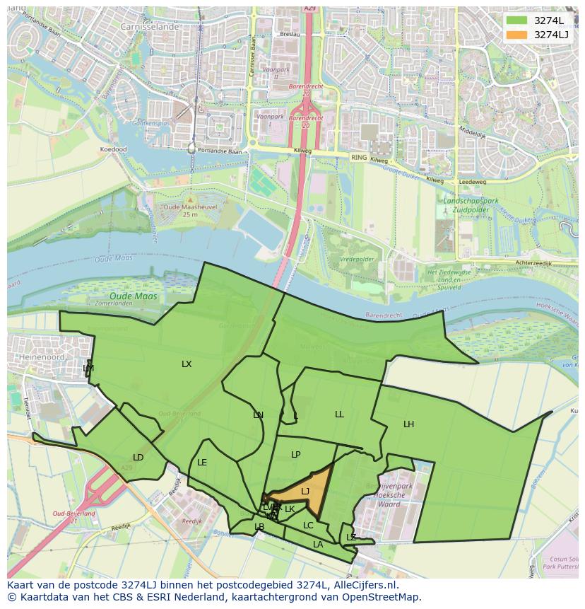 Afbeelding van het postcodegebied 3274 LJ op de kaart.