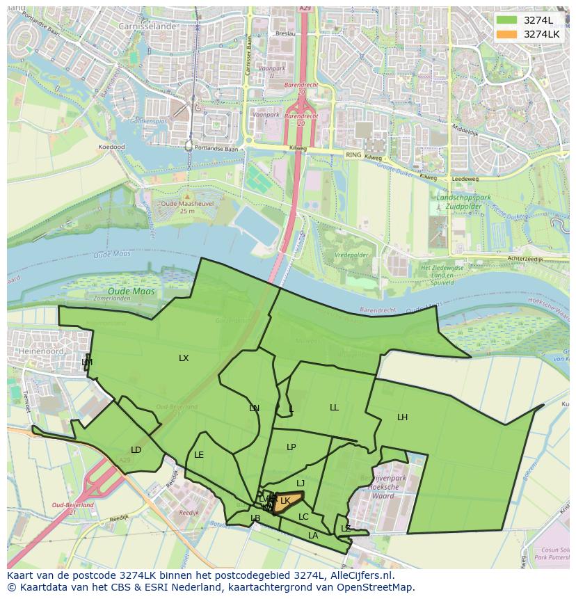Afbeelding van het postcodegebied 3274 LK op de kaart.