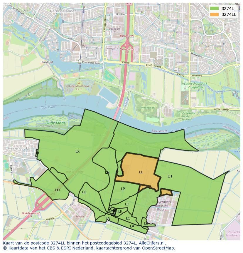 Afbeelding van het postcodegebied 3274 LL op de kaart.