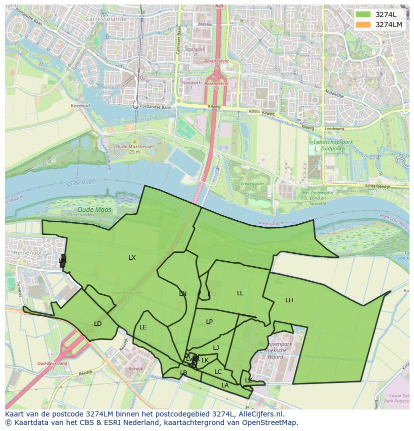 Afbeelding van het postcodegebied 3274 LM op de kaart.